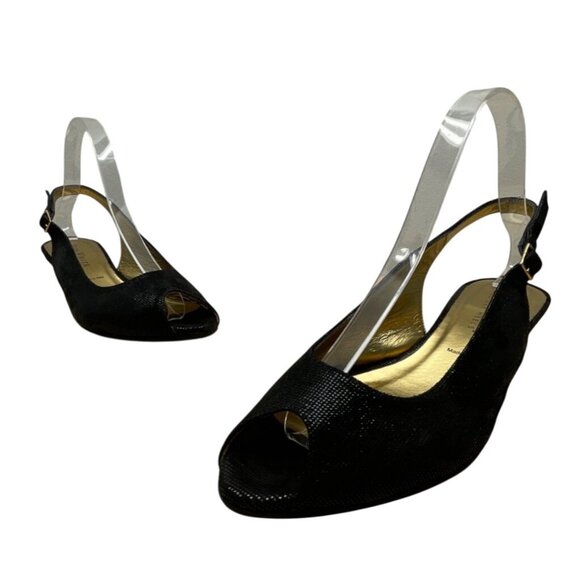 Ron White Elaine Onyx Black Geo Embossed Suede Peep Toe Slingback Wedges Size 40 - Picture 1 of 9